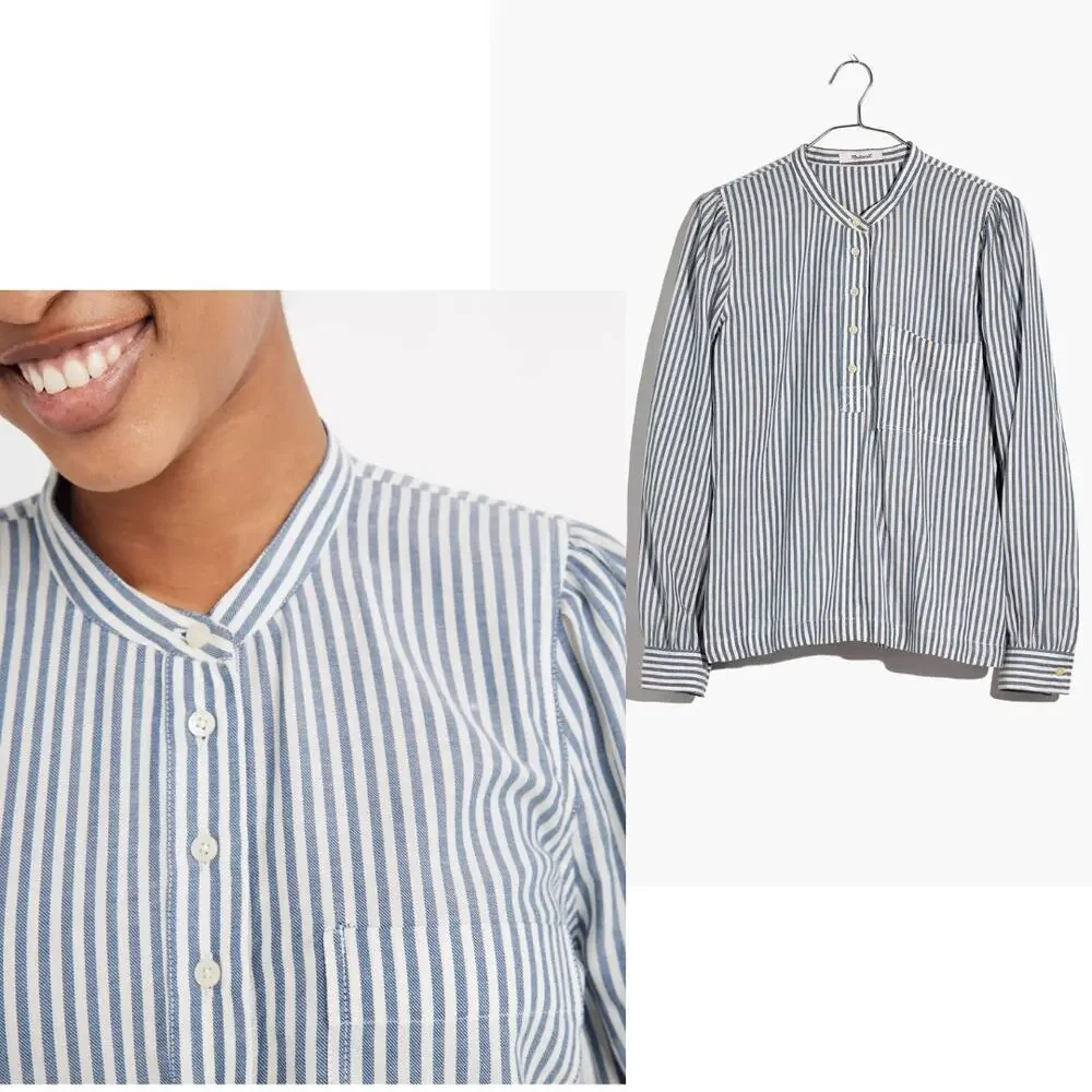 Madewell Puff-Sleeve Popover Shirt in Railroad Stripe Blue White Size XS Preppy